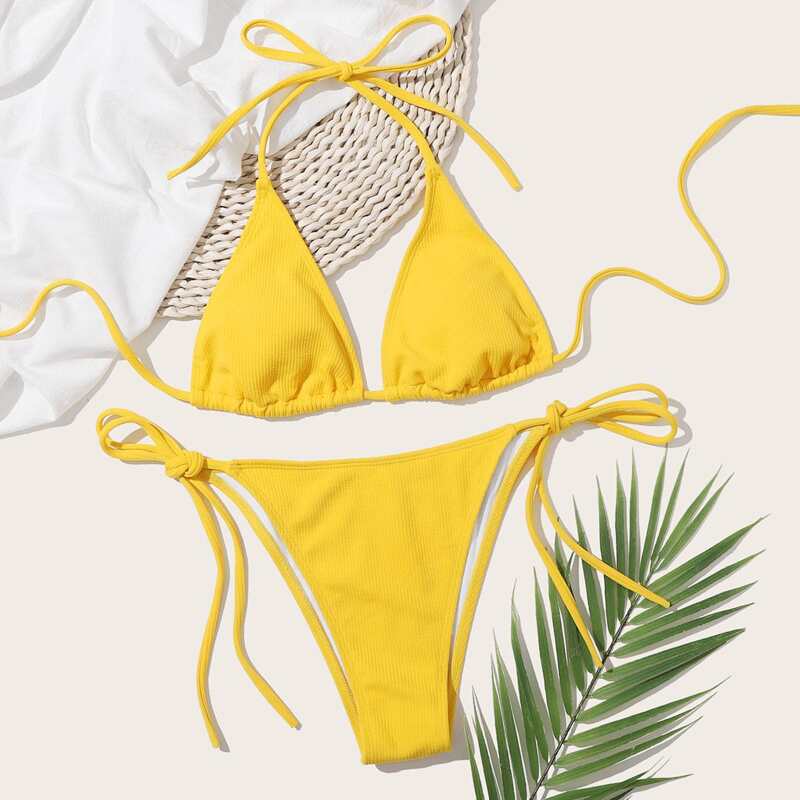 

Triangle Halter Tie Side Bikini Swimsuit, Yellow