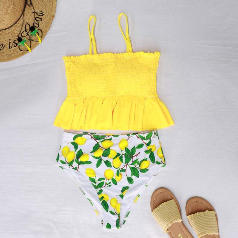 

Smocked Random Lemon Print Ruffle Bikini Swimsuit, Multicolor