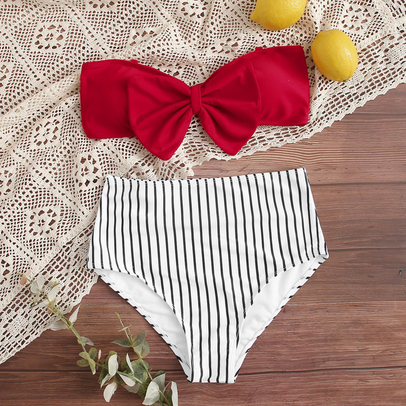 

Striped Bow Front Bandeau High Waisted Bikini Swimsuit, Multicolor