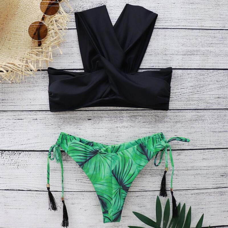 

Tropical Print Twist Bardot Tie Side Bikini Swimsuit, Multicolor