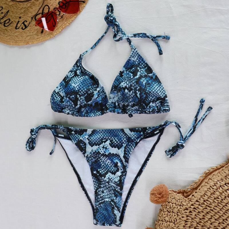 

Snakeskin Halter Triangle Tie Side Bikini Swimsuit, Multicolor