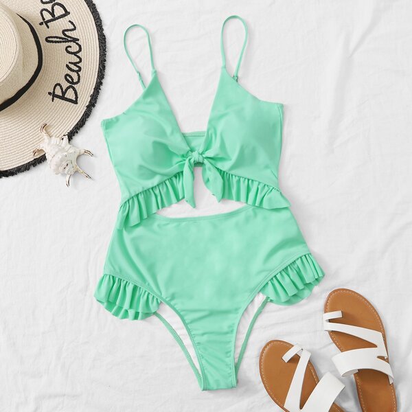 

Cut Out Knot Front Ruffle One Piece Swimsuit, Green