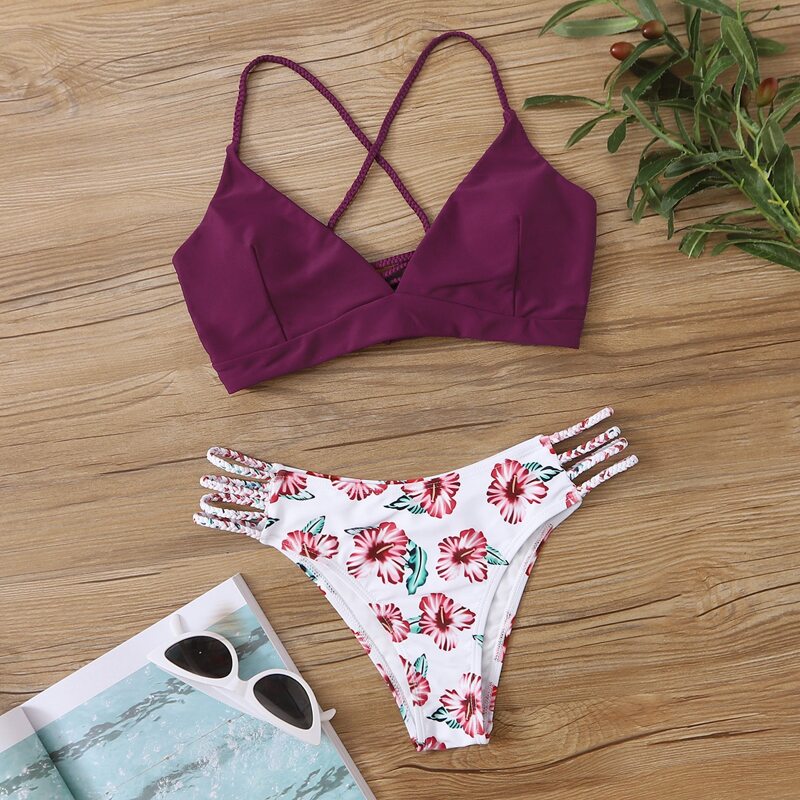 

Floral Braided Strap Tanga Bikini Swimsuit, Multicolor