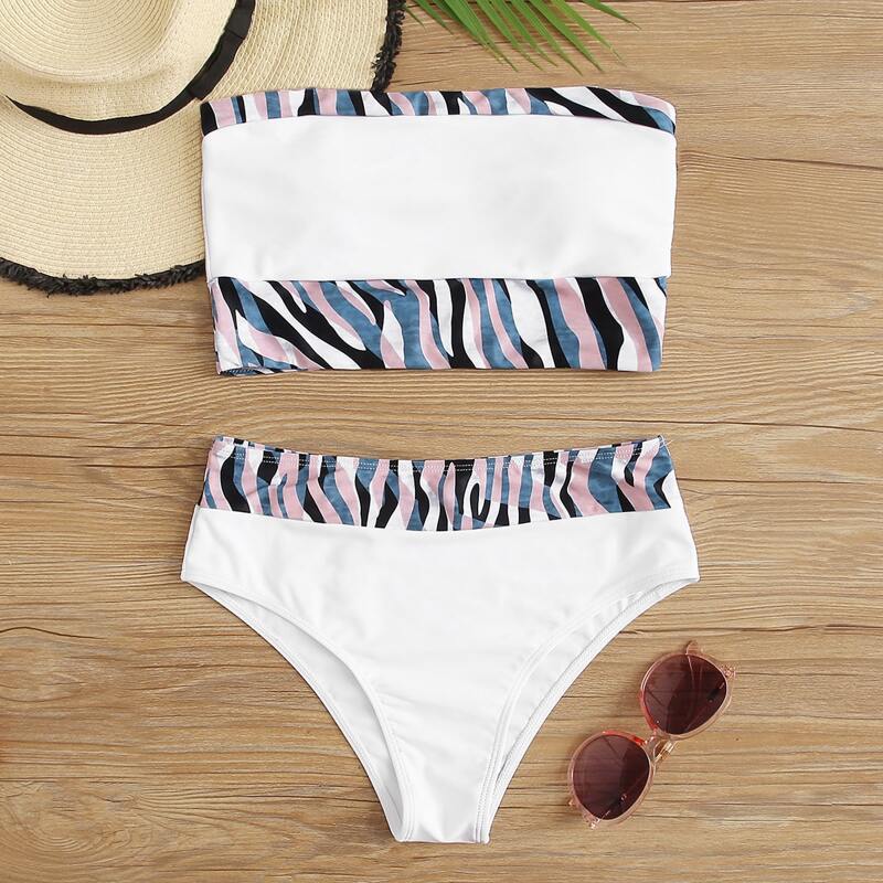 

Graphic Bandeau High Waist Bikini Swimsuit, White