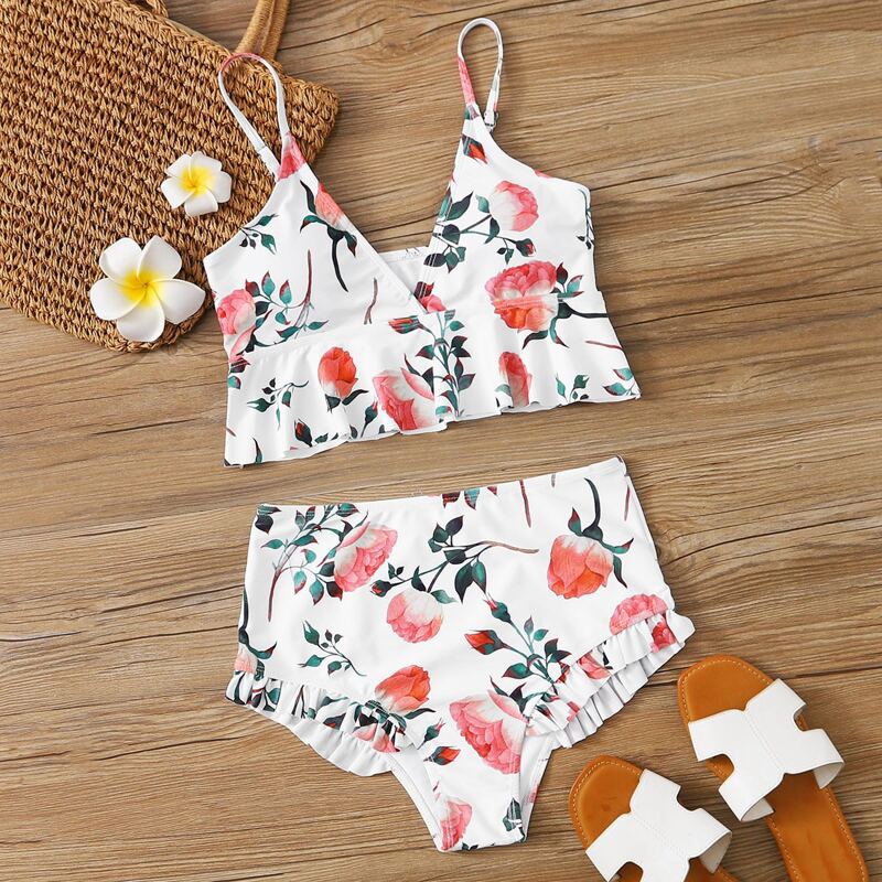 

Floral Ruffle High Waisted Bikini Swimsuit, Multicolor