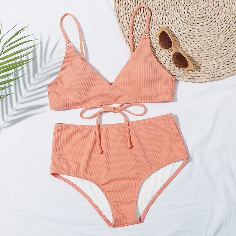 

Ribbed Cami High Waist Bikini Swimsuit, Orange