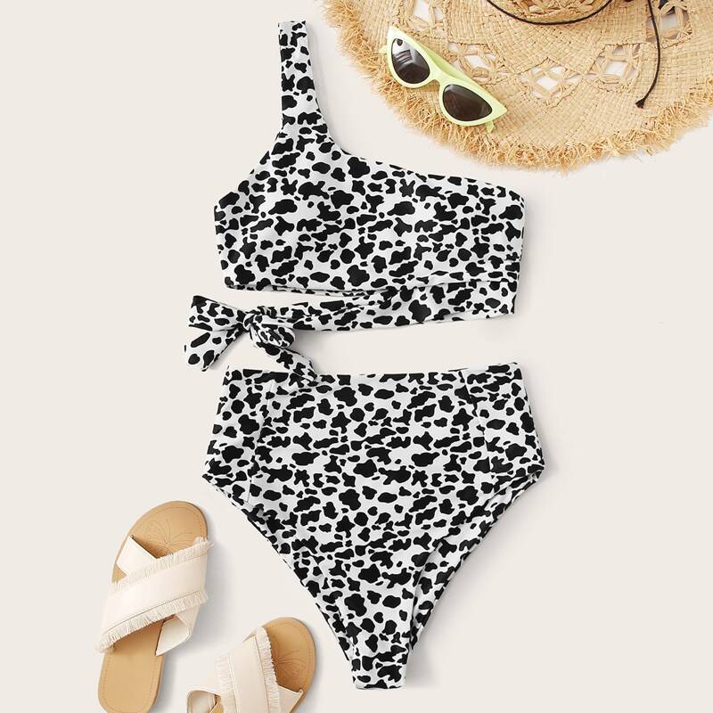 

Cow One Shoulder High Waist Bikini Swimsuit, Black and white