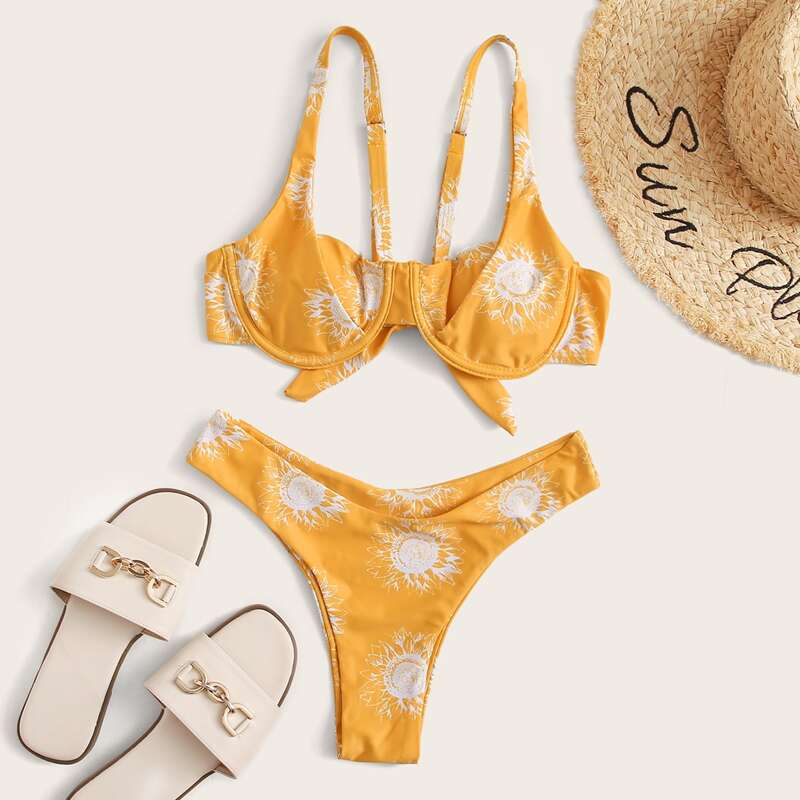

Floral Push Up High Leg Bikini Swimsuit, Yellow