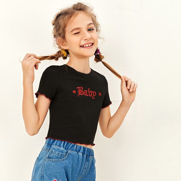 

Girls Lettuce Trim Letter and Heart Embroidery Top, Black