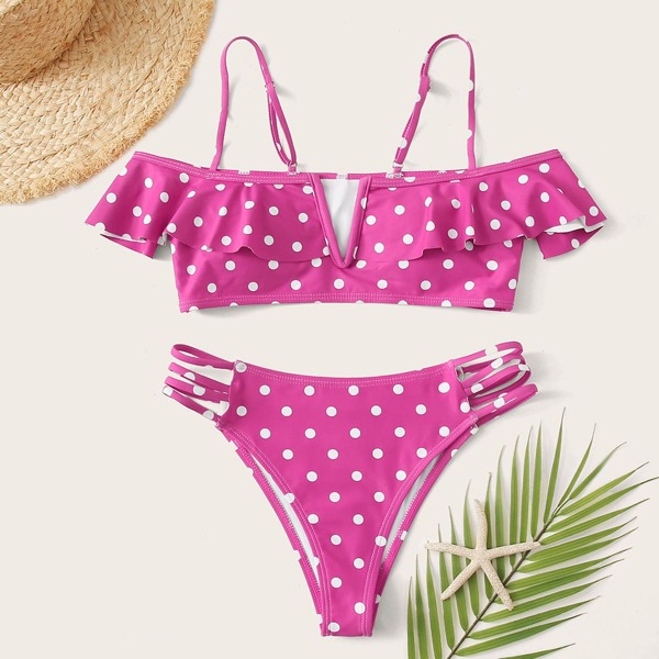 

Polka Dot V Wired Ladder Cut-out Bikini Swimsuit, Pink bright
