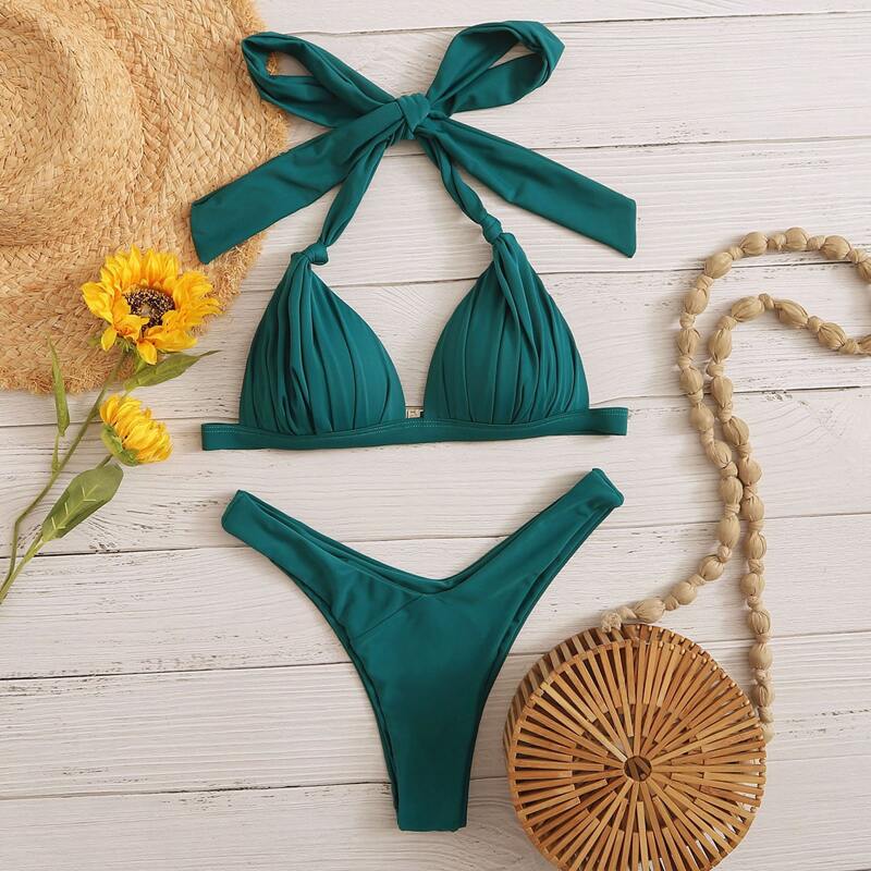 

Ruched Bust Triangle High Cut Bikini Swimsuit, Green