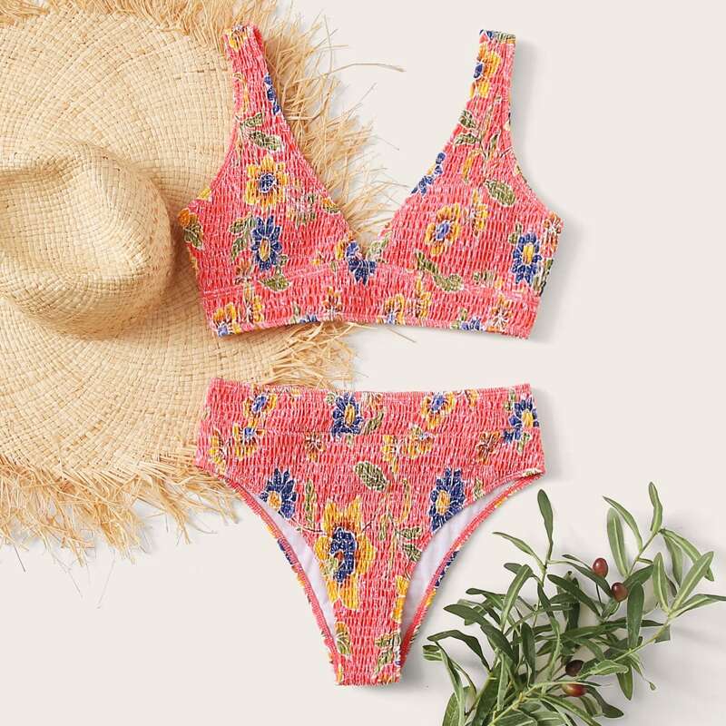 

Floral Smocked High Waisted Bikini Swimsuit, Multicolor