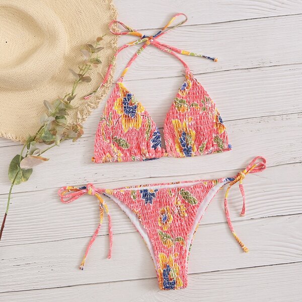 

Floral Smocked Triangle Tie Side Bikini Swimsuit, Multicolor