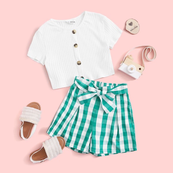 

Girls Button Front Tee and Buffalo Plaid Belted Shorts Set, Multicolor