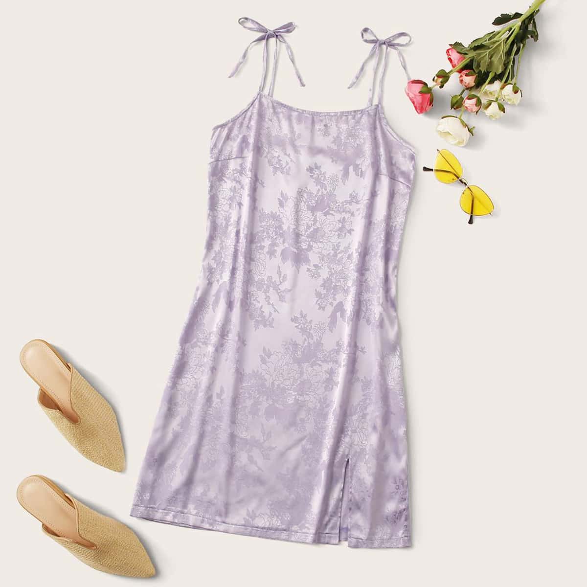 

Satin Jacquard Slit Cami Dress, Purple pastel