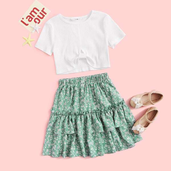 

Girls Gathered Detail Rib-knit Top & Ruffle Trim Ditsy Floral Skirt Set, Multicolor
