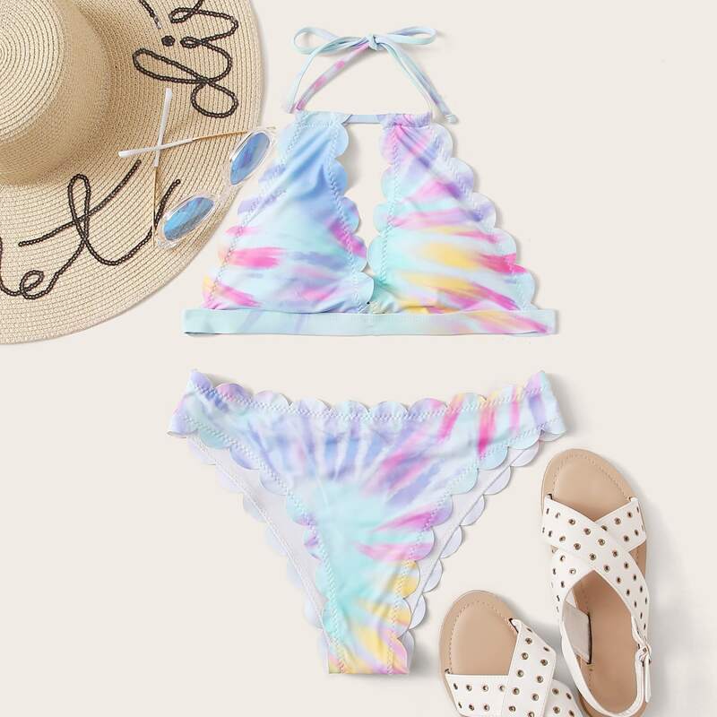 

Tie Dye Scallop Trim Halter Bikini Swimsuit, Multicolor