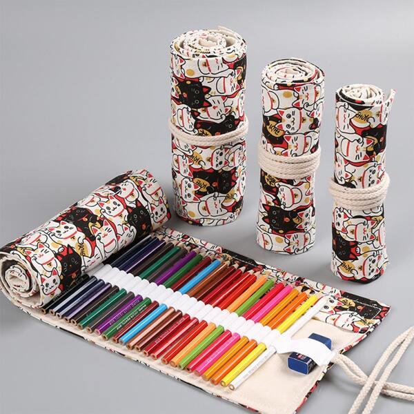 

1pc Cat Print Roll-up Random Pencil Case, Multicolor