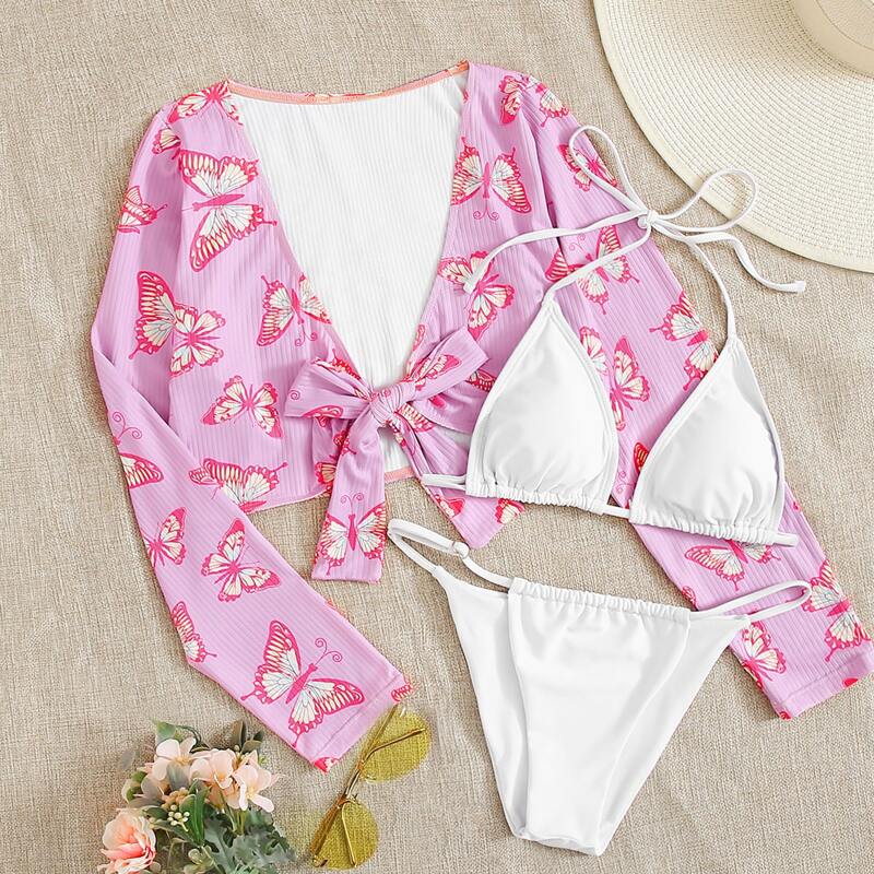 

3pack Butterfly Print Triangle Co-ord Bikini Swimsuit, Multicolor