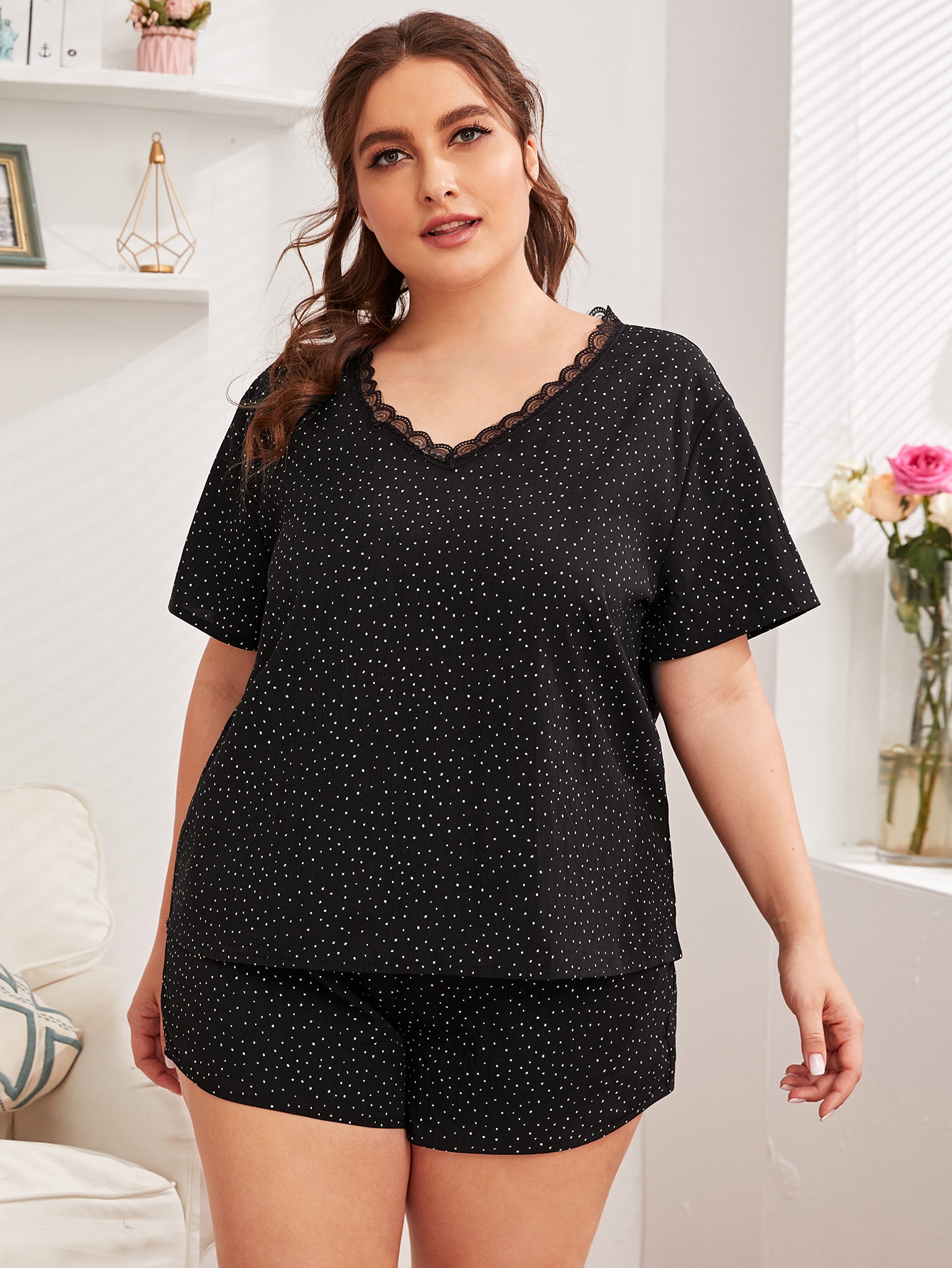 Plus Polka Dot Lace Trim PJ Set thumbnail