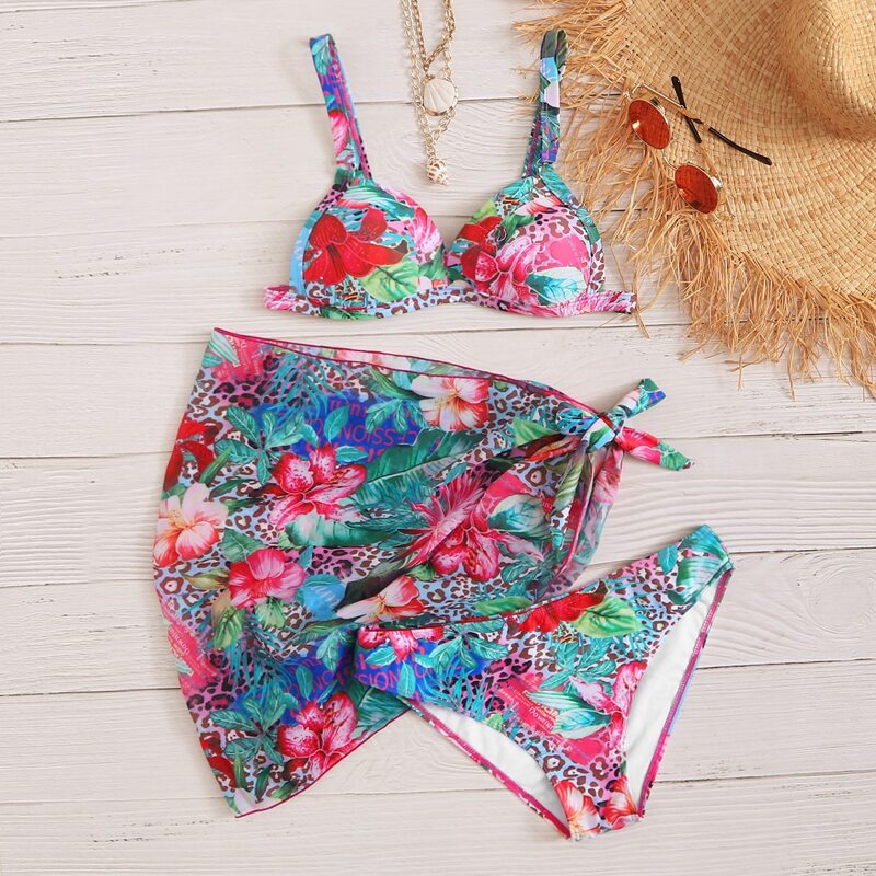 

3pack Leopard & Tropical Print Co-ord Bikini Swimsuit, Multicolor