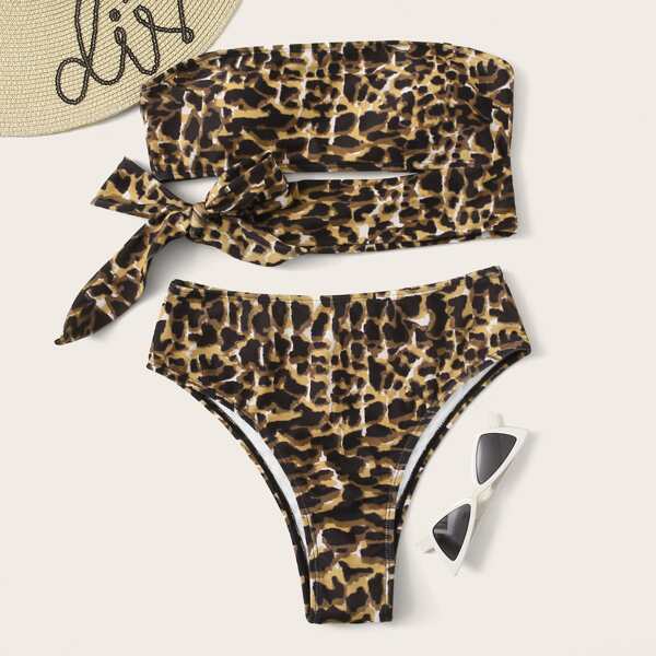 

Leopard Tie Side Bandeau Bikini Swimsuit, Multicolor