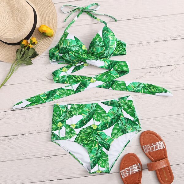 

Бикини на косточках с высокой талией и тропическим принтом, Зелёные