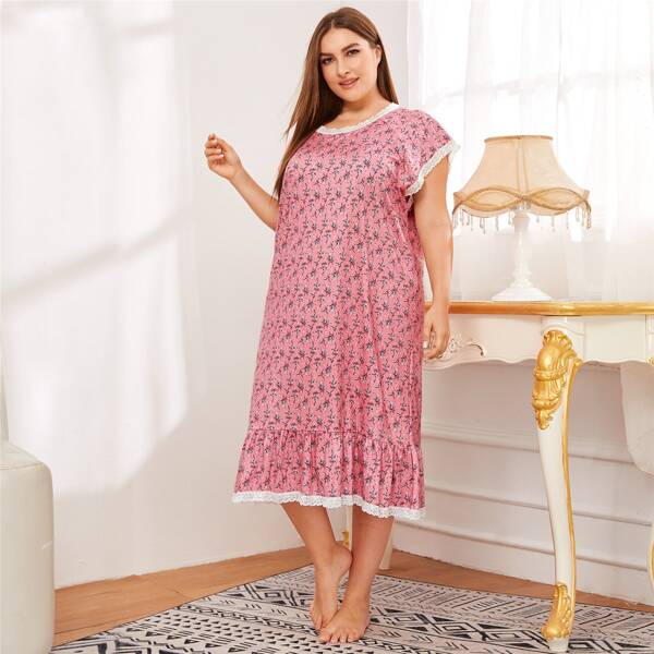 

Plus Ditsy Floral Lace Trim Nightdress, Pink