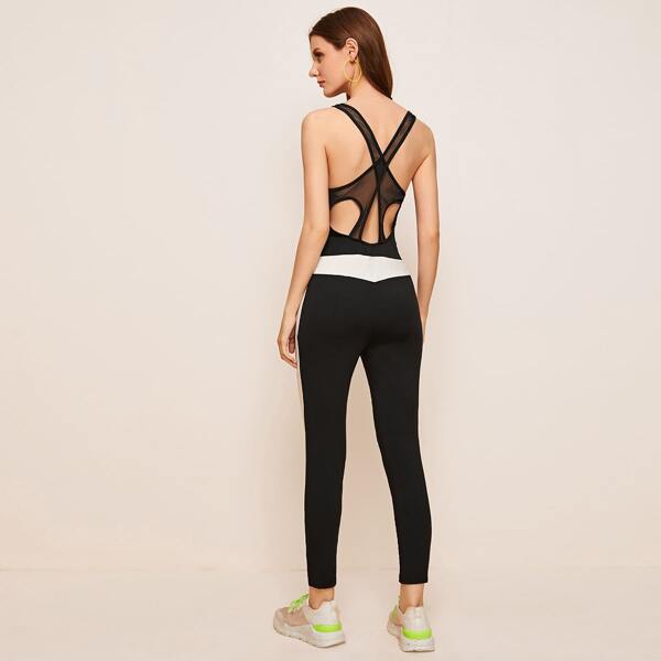 

Crisscross Sheer Mesh Back Striped Side Unitard Jumpsuit, Black