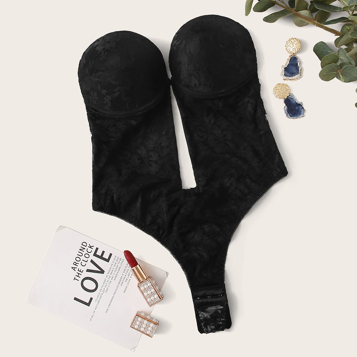 

Floral Lace Plunging Strapless Teddy Bodysuit, Black