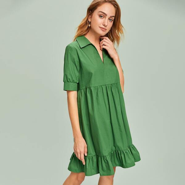 

Notch Neck Ruffle Hem Smock Dress, Green