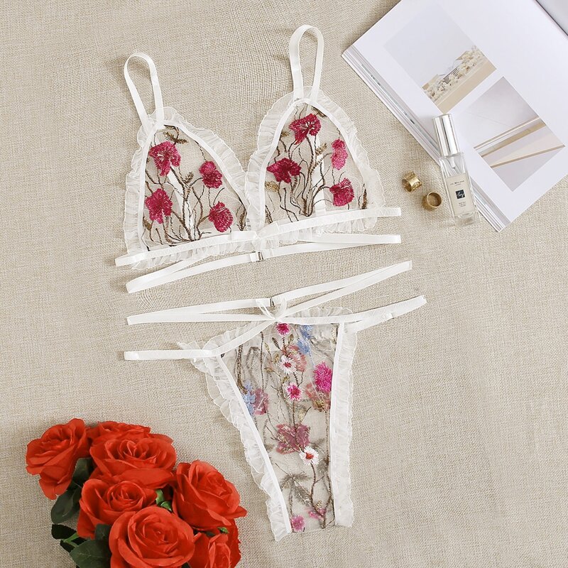 

Floral Embroidered Mesh Frill Trim Lingerie Set, Multicolor