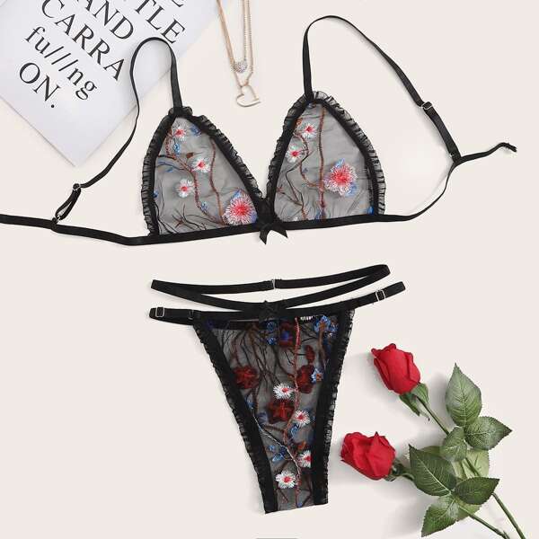 

Floral Embroidered Mesh Frill Trim Lingerie Set, Black