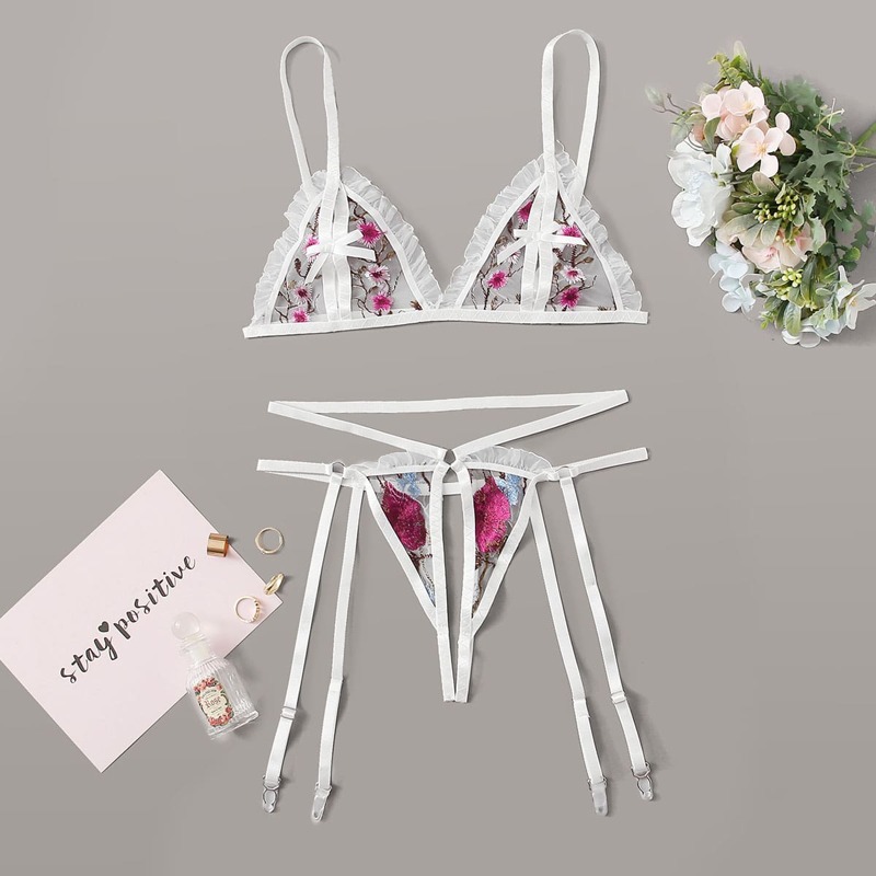 

Floral Embroidered Mesh Garter Lingerie Set, Multicolor