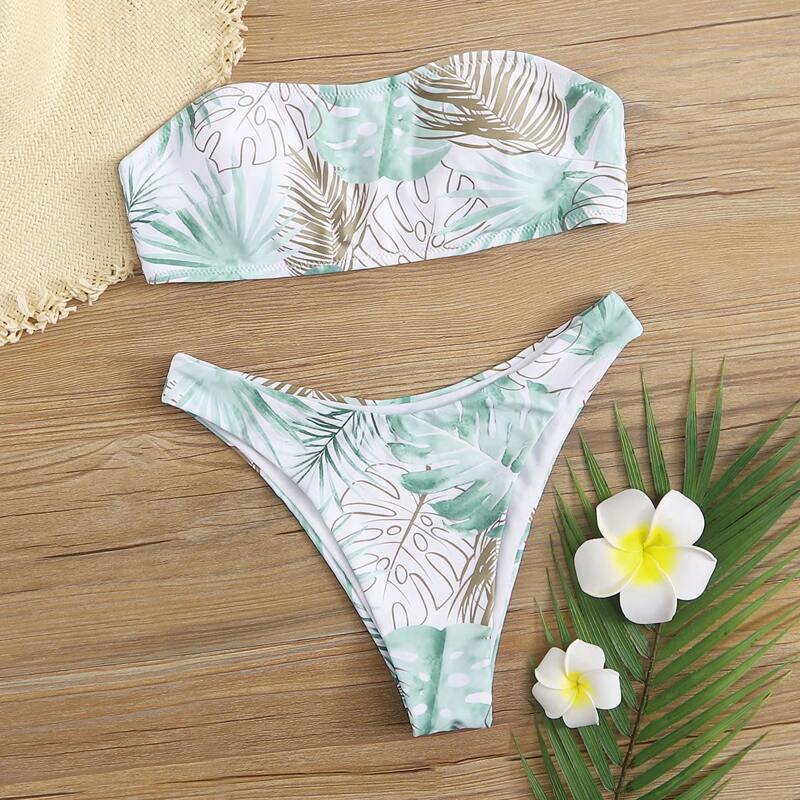 

Palm Bandeau High Leg Bikini Swimsuit, Multicolor