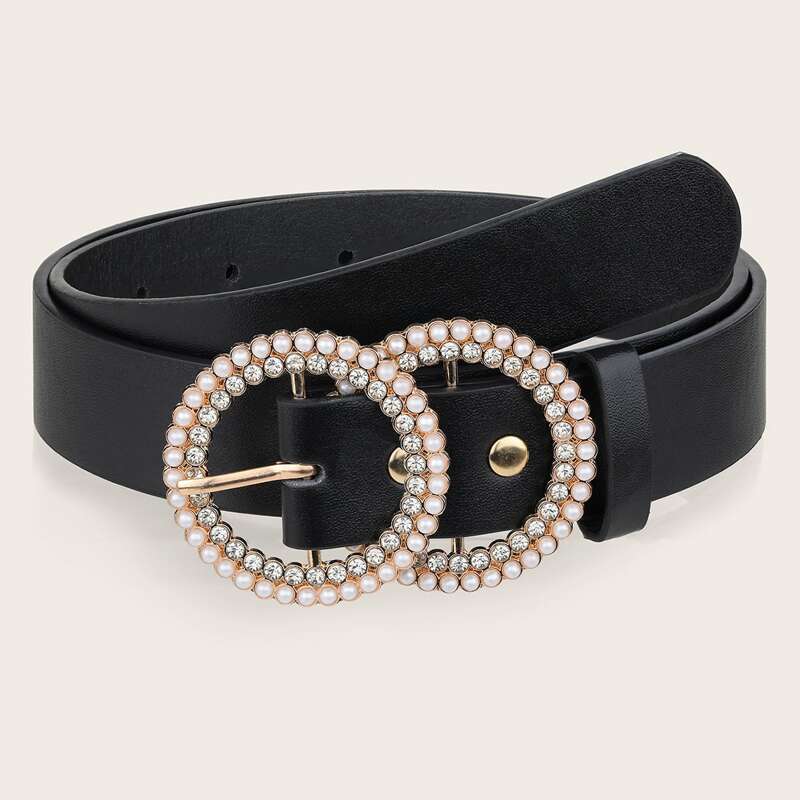 

Rhinestone Engraved Faux Pearl Buckle Belt, Black