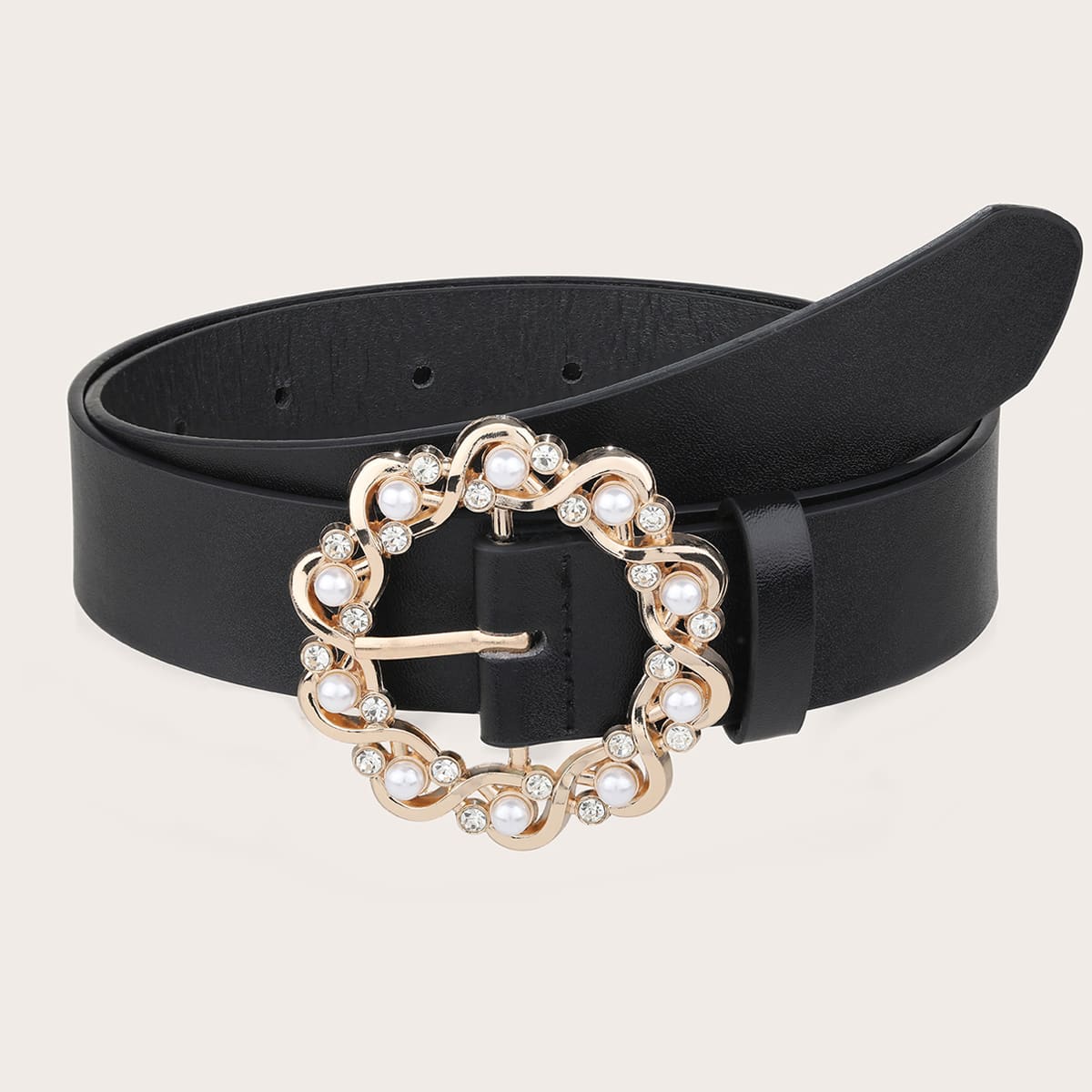 

Rhinestone Decor Faux Pearl Buckle Belt, Black