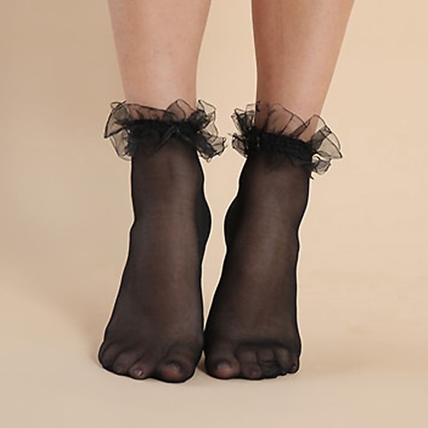 

1pair Ruffle Hem Mesh Socks, Black