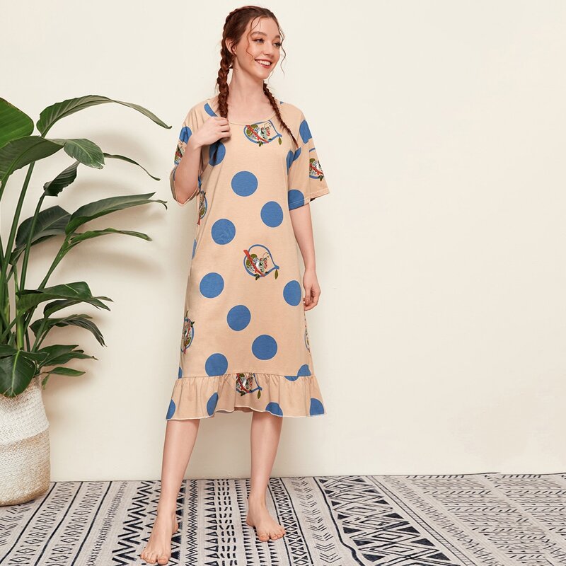 

Polka Dot Koala Print Ruffle Hem Night Dress, Nude