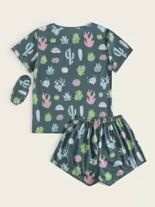 Conjunto de pijama con estampado de cactus con máscara de ojo - Multicolor - Ver 2