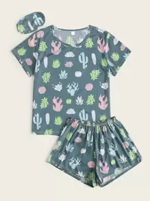 Conjunto de pijama con estampado de cactus con máscara de ojo - Multicolor - Ver 5