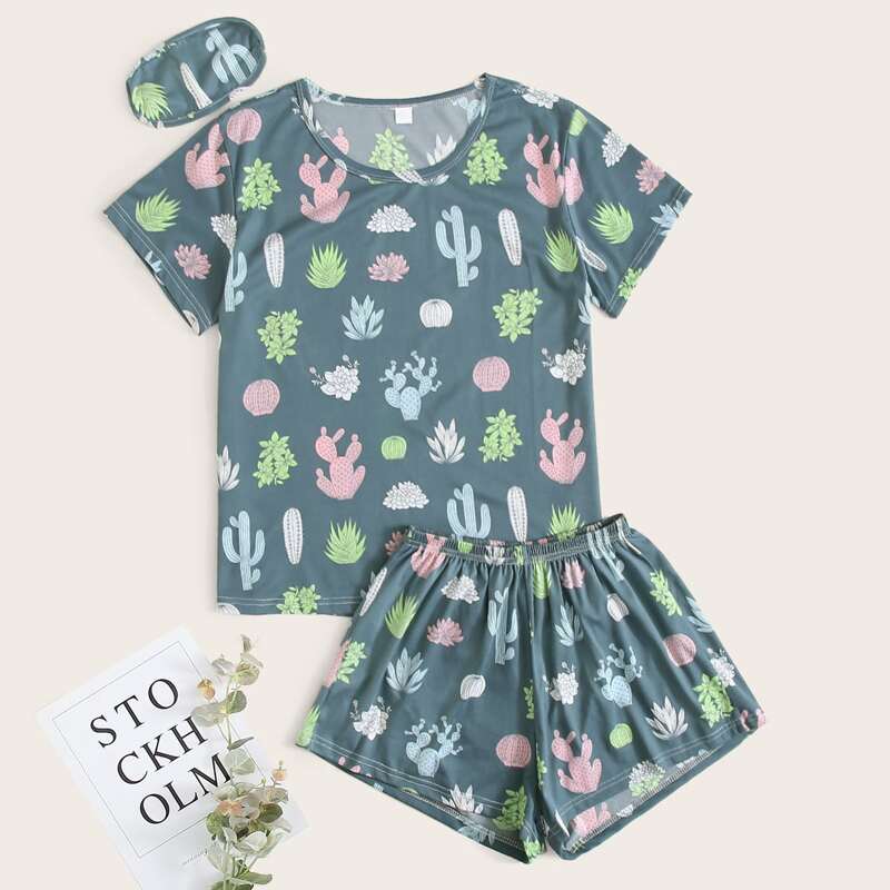 

Cactus Print Eye Cover Pajama Set, Multicolor