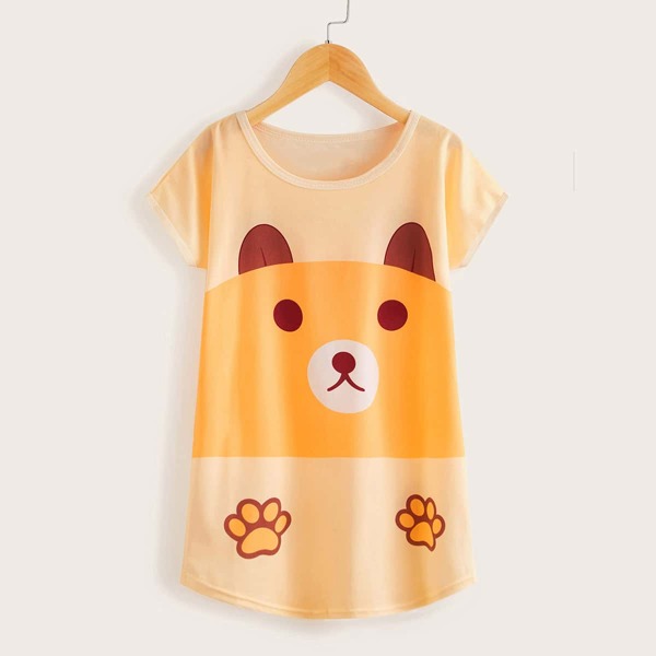

Toddler Girls Cartoon Graphic Curved Hem Night Dress, Beige