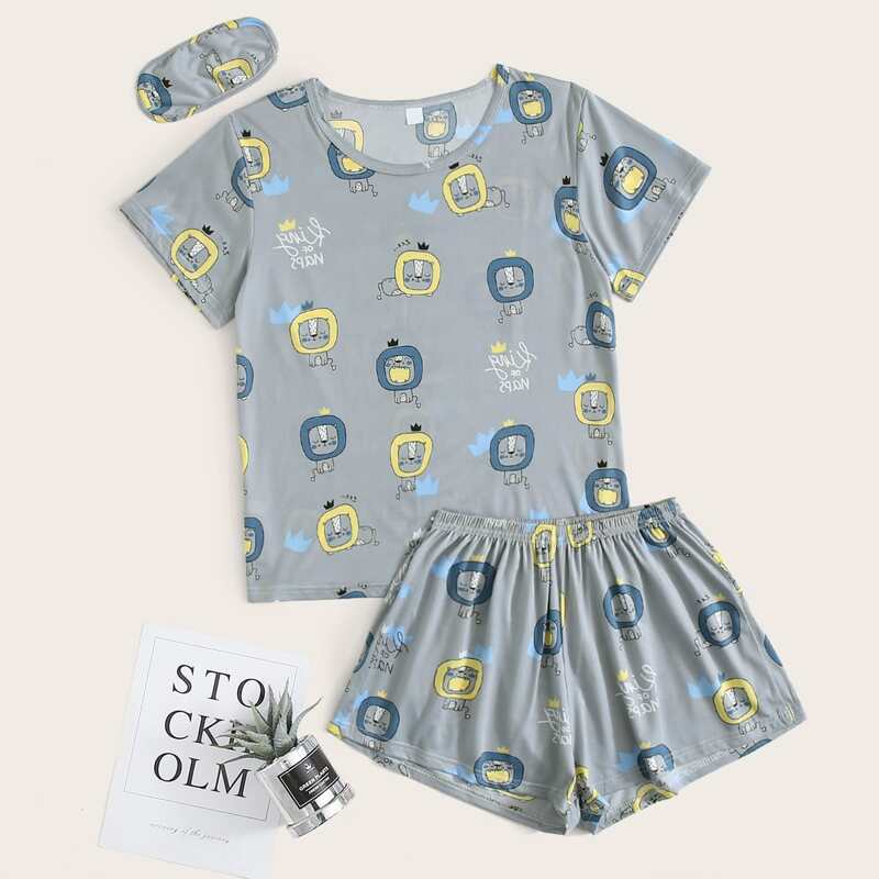 

Cartoon Lion Print Eye Cover Pajama Set, Grey