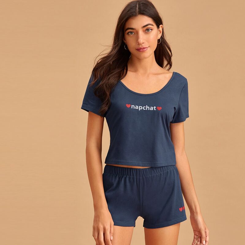 

Heart & Letter Graphic PJ Set, Navy blue