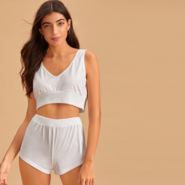 

Solid Crop Tank Top & Shorts PJ Set, White