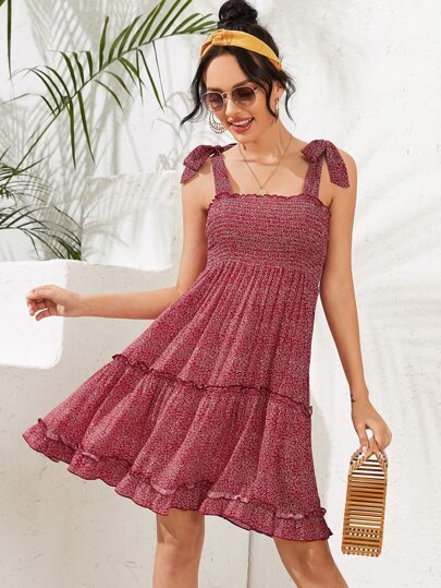 All Over Print Frill Shirred Knot Cami Dress
