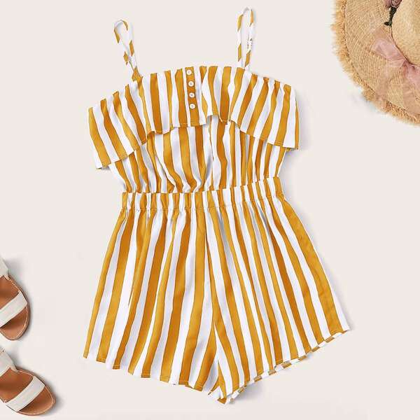 

Plus Striped Button Front Cami Romper, Yellow