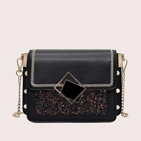 

Сумка на цепочке с блестками и вышивкой, Чёрный