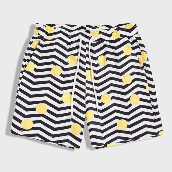 

Men Drawstring Waist Polka Dot & Chevron Shorts, Black and white